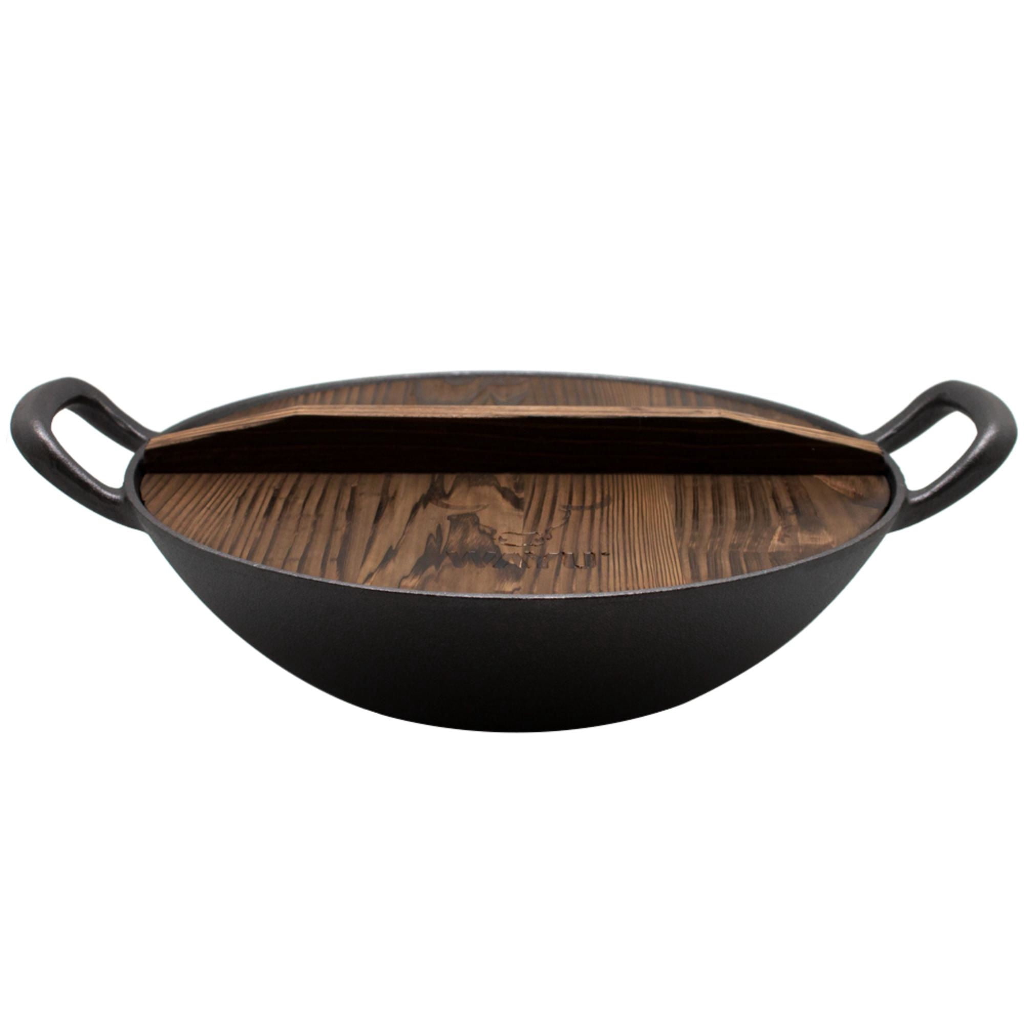 Wok Con Tapa De Madera 2 Piezas Hierro Fundido Negro