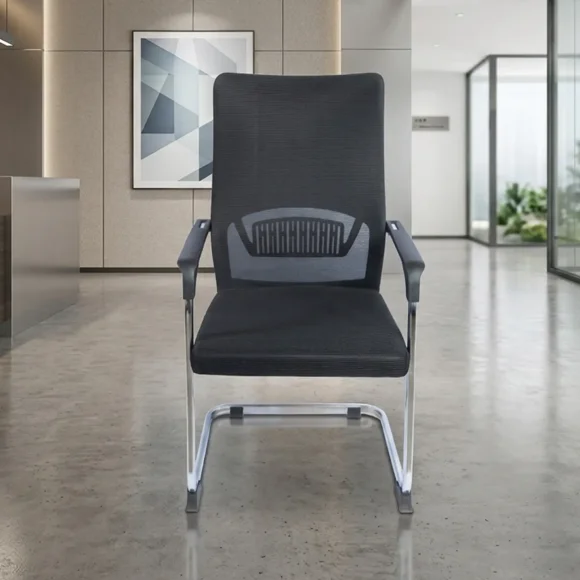 Silla de Visita Oficina Negra de Malla Ergonómica con Brazos y Base Cromada
