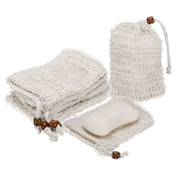Uxcell 20 Pcs Bolsa Salvadora de Jabón, Bolsa de Jabón de Malla de 5.5"x3.5" con Cordón y Cuentas de Madera Marrón Claro, Bolsa de Algodón Exfoliante para Ducha Corporal, Espuma, Viaje, Camping, Beige