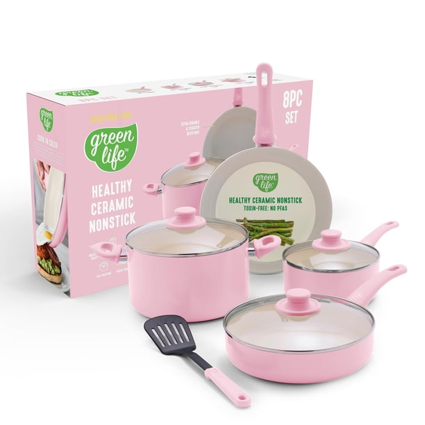 Juego de utensilios de cocina GreenLife de cerámica antiadherente de 8 piezas, color rosa