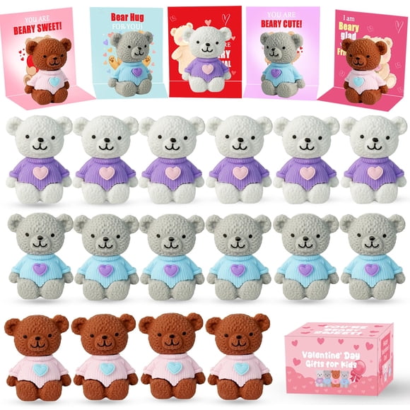 Regalos de San Valentín para niños con borradores y tarjetas de borrar con forma de oso (24 unidades
