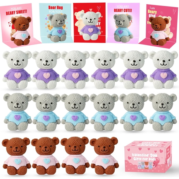 Regalos de San Valentín para niños con borradores y tarjetas de borrar con forma de oso (24 unidades