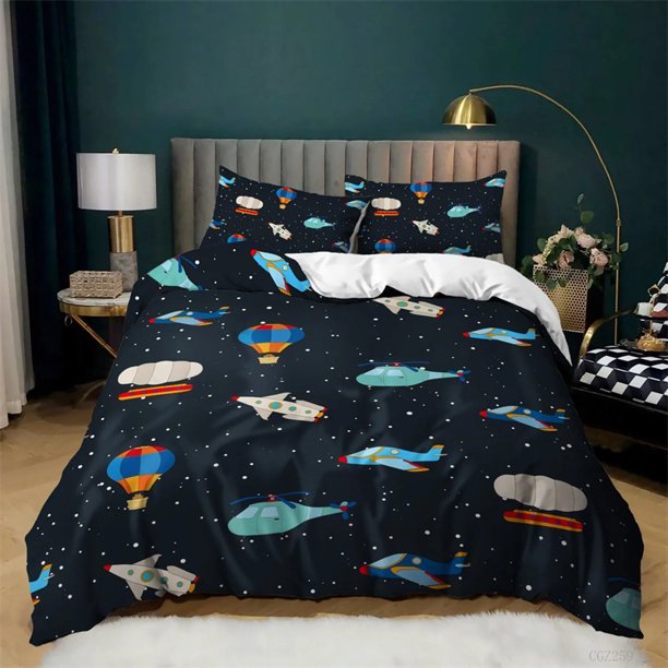 Spacecraft Duvet Cover For Boys Kids Astronomy Bedding Set Microfiber Outer Space Adventure Colorful Spacecraft Quilt Cover