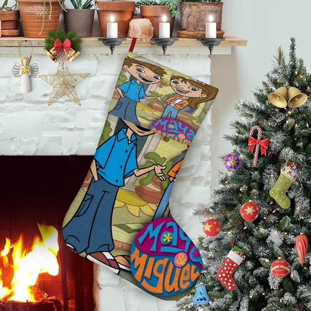 Maya y Miguel Tema: Calcetines de Navidad, fino lino blanco para colgar en escaleras y chimenea, decoración navideña para el hogar, regalo de Navidad.54cm×38cm