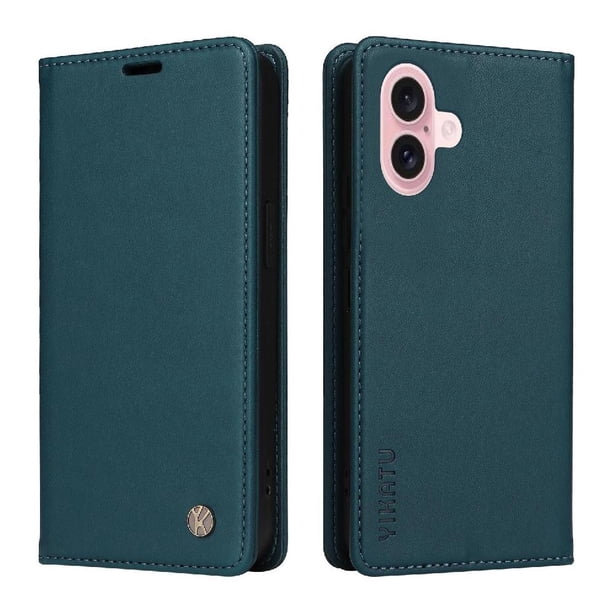 Funda Billetera de Cuero para iPhone 16 con Tarjetero y Soporte - Tapa Magnética Azul