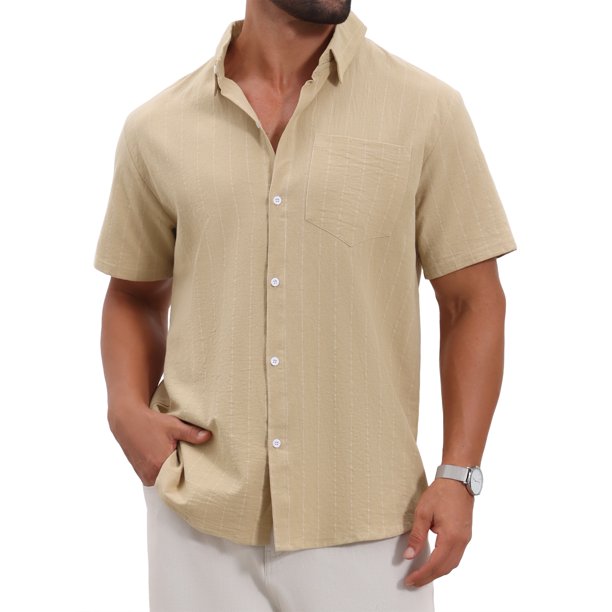 INSPIRE CHIC Camisas de Regreso a Clases para Hombre Cuello de Punta Manga Corta Botón Abajo Camisas Casuales de Rayas de Lino con Bolsillos M Caqui