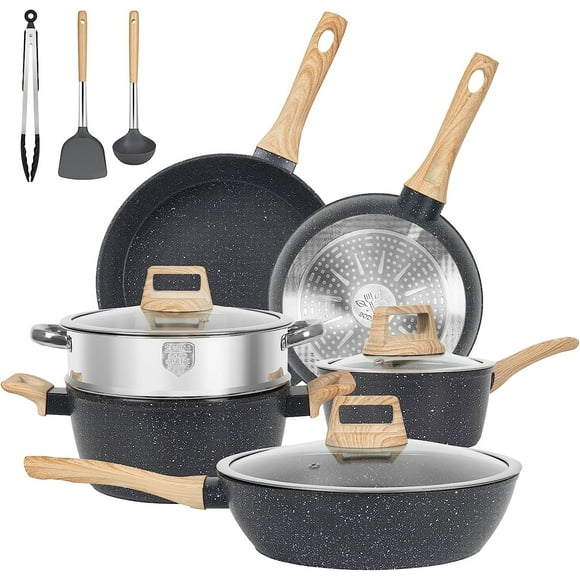 Juego de utensilios de cocina SODAY, granito negro, antiadherente, inducción, 12 unidades