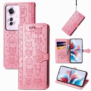 Funda Cartera Foxdock Para Oppo Reno 11F 5G , Flip Pu Con Relieve De Gatos Y Perros, Tarjetero Y Soporte