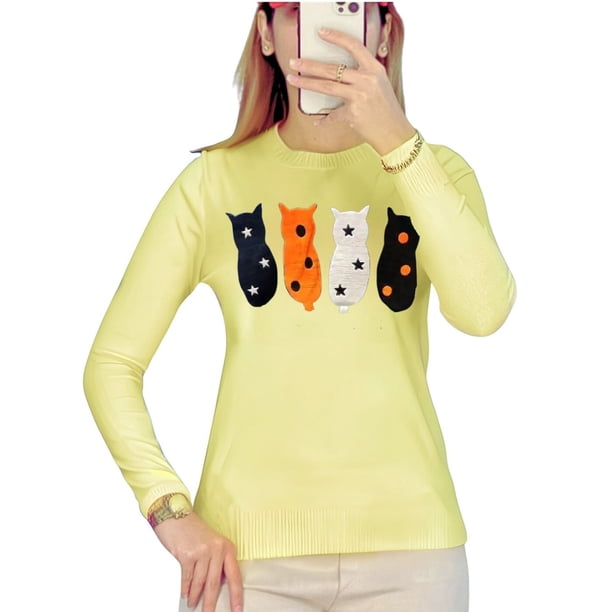 Sweater Mujer Algodón Otoño Invierno Tejido Suave Diseño Gatito 536