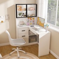 M&Ms - Computer Desk With Glass Cabinets & Built-In Led Lights, Corner L-Shaped Office Desk With Usb Charging Ports, Keyboard Tray, Ergonomic Design For Home And Corporate Workspaces(White)