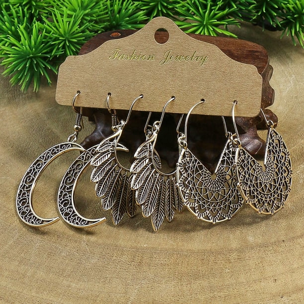 Gorgeous 3-Piece Earrings Set for Women - Retro Style, Antique Silver, Geometric Leaf Pendant, U-shaped Ear Hooks - Simple & Versatile!
