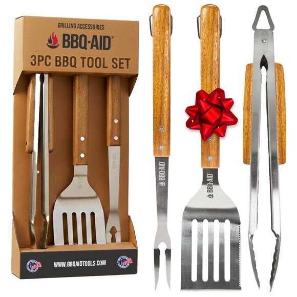Set de utensilios para barbacoa BBQ-Aid de 3 piezas, acero inoxidable con mango de madera