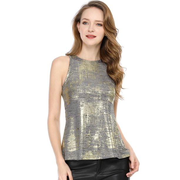 INSPIRE CHIC Camiseta Holográfica Brillante de Halloween para Mujer Fiesta Disco Top de Tirantes Metálico para Mujer XL Plata