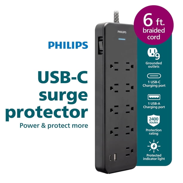 Protector contra sobretensión Philips de 9 enchufes, 6 ft, USB-A y USB-C de 15 W