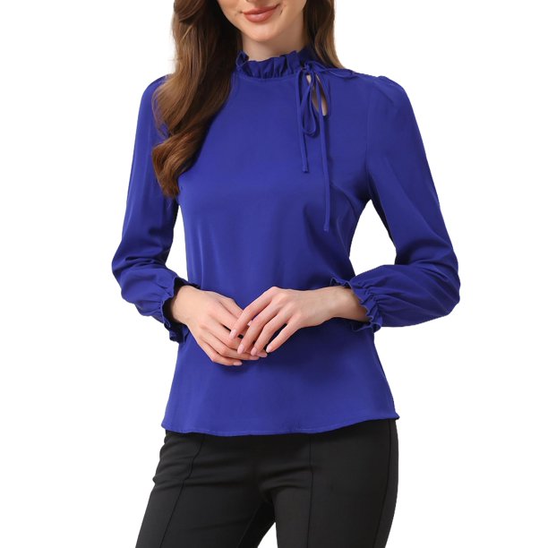 INSPIRE CHIC Blusa de Primavera para Mujer de Manga Larga con Volantes y Lazo en el Cuello para Oficina y Trabajo Elegante S Azul Real