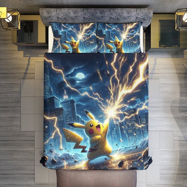 3 Piece Bedding SetPokemon Electro Shock Comforter Set for Kids Boys Teen Tween 3D Lightweight Microfiber Bedding Sets