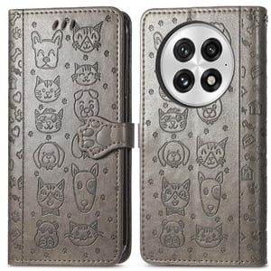 Funda Cartera Foxdock Para Oneplus 13 , Flip Pu Con Relieve De Gatos Y Perros, Tarjetero Y Soporte