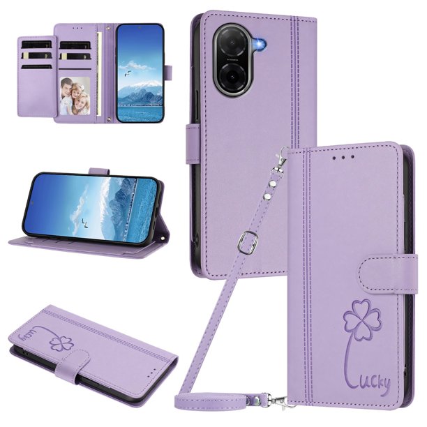 Funda Cartera Trébol para Xiaomi Poco C71 4G con Ranuras Tarjetas y Carga Inalámbrica Morado claro