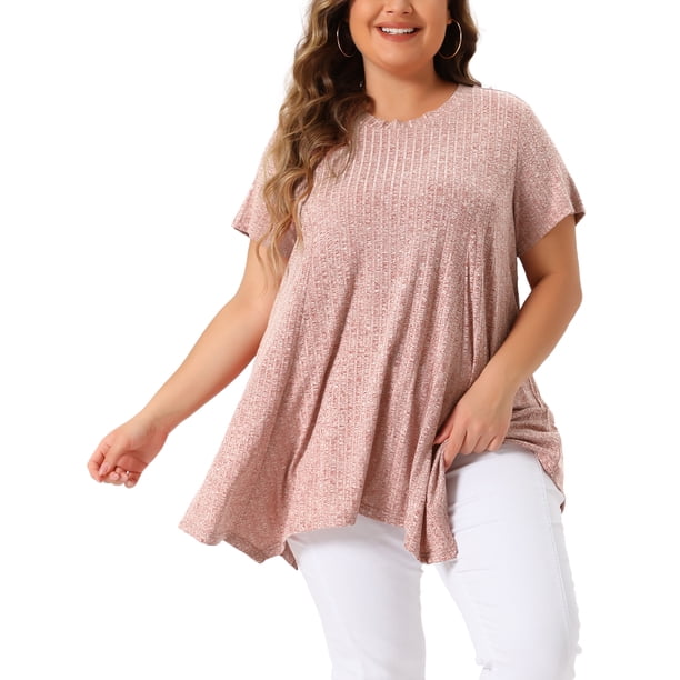 Agnes Orinda Mujeres Tallas Grandes Escuela Universidad Túnica Tops Verano Cuello Redondo Flowy Swing Suelto Manga Corta Camiseta de Punto Blusa Casual 2X Rosa
