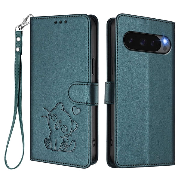 Funda de Gato tipo Libro para Google Pixel 9 Pro XL 5G, Verde Oscuro
