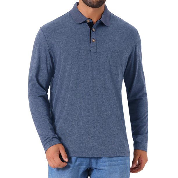 INSPIRE CHIC Camisetas de Polo de Golf de Manga Larga con Bolsillo y Botones en Contraste para Hombre S Azul Oscuro
