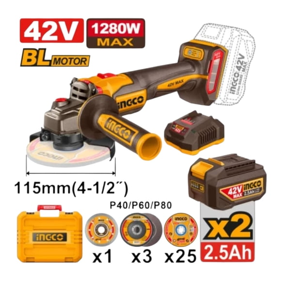 Amoladora / Esmeril / Galletero Angular Inalámbrico 42V 4 ½” 1280W + 2 Baterías 2.5AH + Cargador