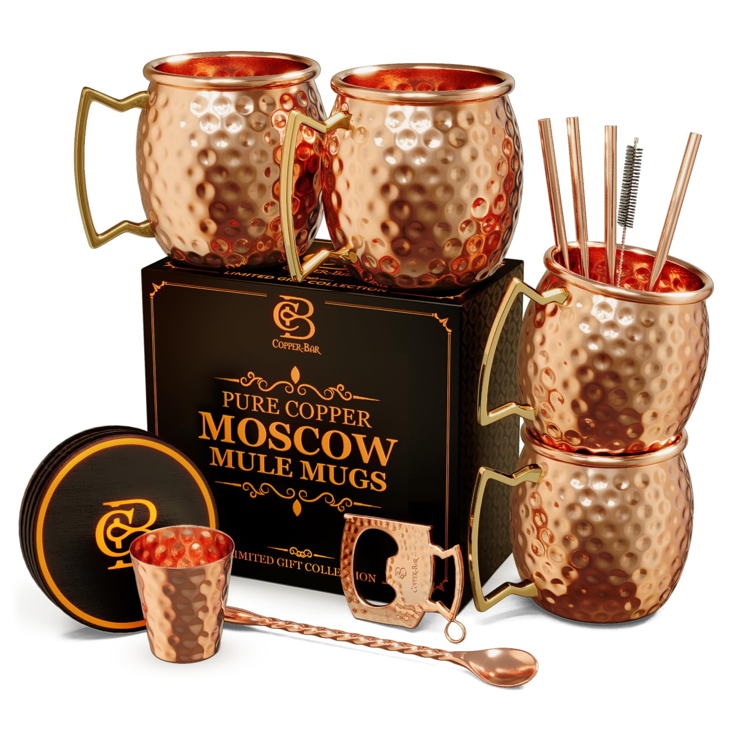 Copper-bar - Juego De Tazas De Cobre Moscow Mule, 4 Tazas Martilladas, 100% Cobre Puro