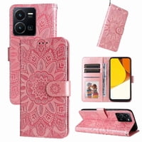 Funda Tipo Cartera Foxdock Para Vivo Y35 4G , Diseño Girasol En Relieve, Cuero Pu, Cierre Magnético, Soporte Y Tarjetero