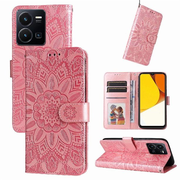 Funda tipo cartera FOXDOCK para Vivo Y35 4G , diseño girasol en relieve, cuero PU, cierre magnético, soporte y tarjetero