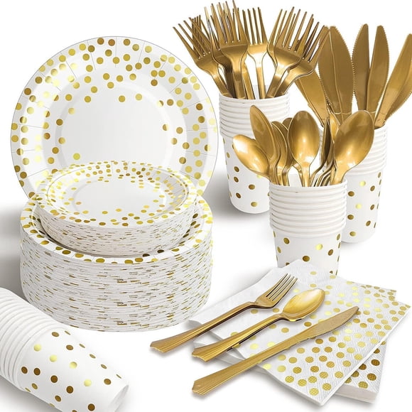 AIRE White Gold Dot Paper Plates Set, 175PCS Disposable Dinnerware