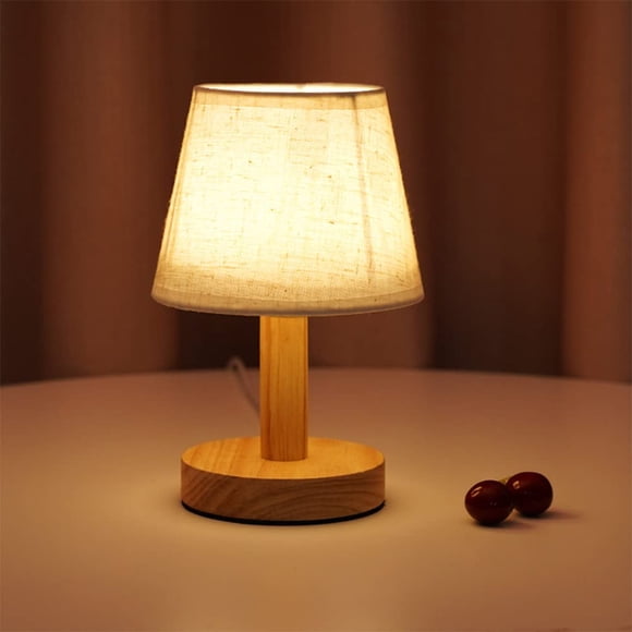 Lámpara de mesa de noche pequeña de madera YKCGG con pantalla de lino