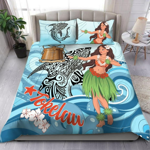 Juego de cama Tokelau - Niñas polinesias con tiburón