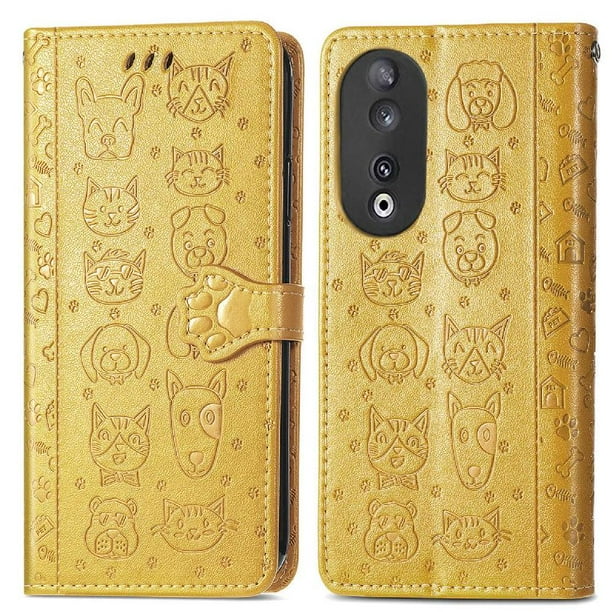 Funda Cartera FOXDOCK para Honor 90 5G , Flip PU con Relieve de Gatos y Perros, Tarjetero y Soporte