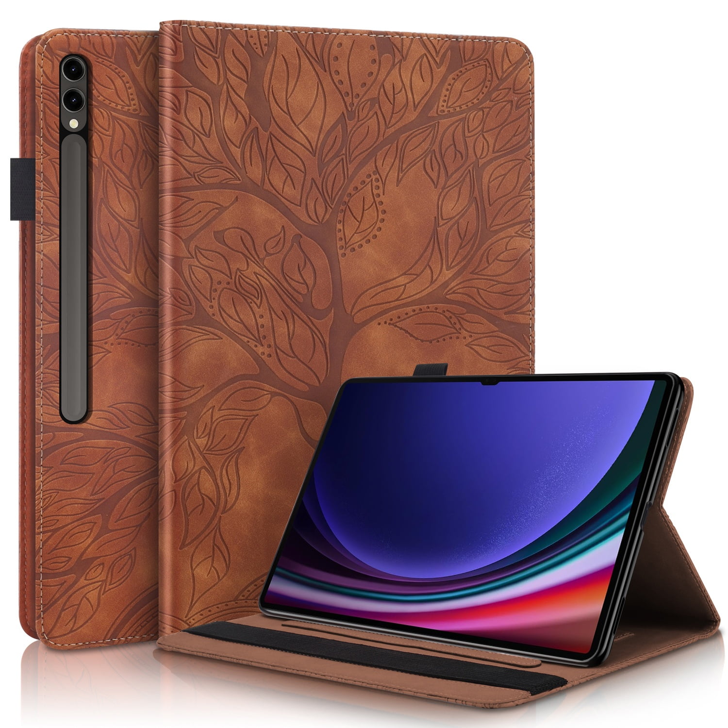 Foxdock - Funda Con Relieve Del Árbol De La Vida Para Tablet Samsung Galaxy Tab S9/8 Ultra Con Soporte, Ranuras Para Tarjetas Y Soporte Para Lápiz Óptico. Marrón