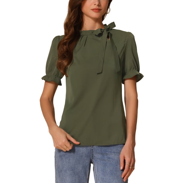 INSPIRE CHIC Blusas de Mujer de Color Sólido con Lazo en el Cuello, Mangas Cortas, para Regreso a Clases y Uso en el Trabajo, Verde Militar XL
