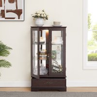 M&Ms - Glass Cabinet Lighted Glass Cabinet Curio Display Cabinet With Adjustable Glass Shelves 2 Doors And 1 Drawer Cabinet Bulb Included Cherry