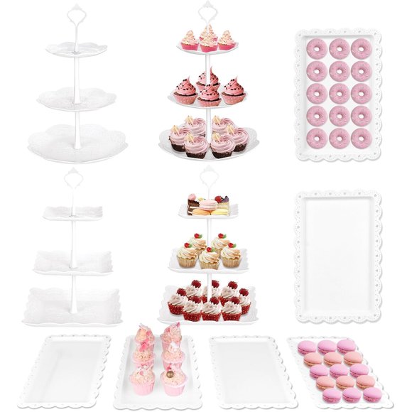 Stand para cupcakes Mwellewm de 10 piezas, 3 niveles, blanco, plástico