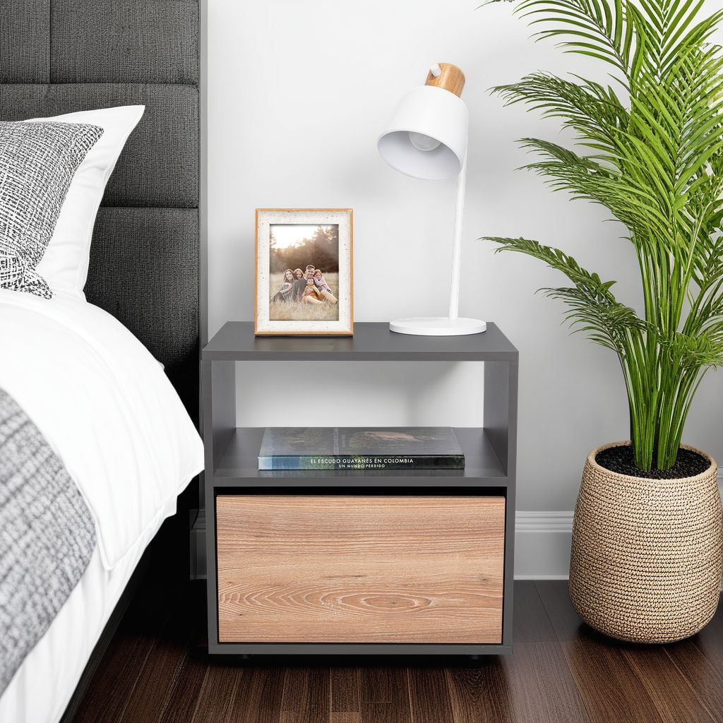 Tuhome - Velador 1 Puerta Galanto 52x50x40 Cm Plomo Y Lenno