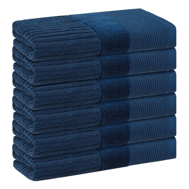 REGALWOVEN Toallas de Algodón a Rayas, Paquete de 6 Toallas Faciales Cómodas, Toallas Absorbentes para Hotel, Spa Azul Marino 13' x 13'