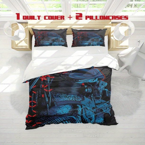 3pcs Predator Blue Red Pattern Black Background Print Three Piece Bedding Set Soft Quilt Cover And Two Pillowcases