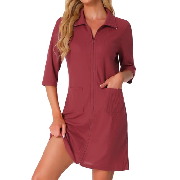 Bata de cremallera de punto waffle para mujer INSPIRE CHIC, ligera, manga 3/4, longitud hasta la rodilla, con bolsillos para descansar, talla L, color burdeos