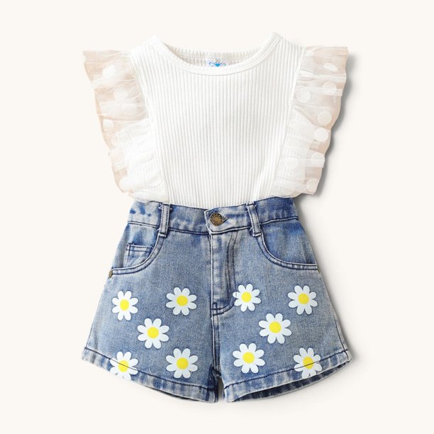 Conjunto De Polera Manga Corta + Short De Mezclilla Para Niñas Primavera Verano