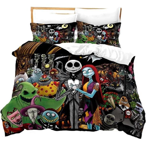 Nightmare Before Christmas Duvet Cover Sets Jack and Sally Valentine's Day Rose Decor 100% Microfibe Bedding Set with Pillow Shams