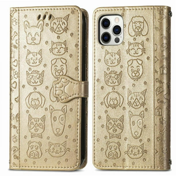 Funda Cartera FOXDOCK para iPhone 12 ProMax , Flip PU con Relieve de Gatos y Perros, Tarjetero y Soporte