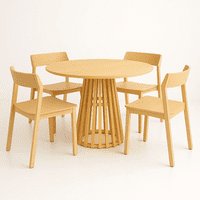 Klik Muebles - Comedor Mesa Redonda 100Cm Madera Natural Base Estilo Rejilla + 4 Silla Madera Rover Viena Natural