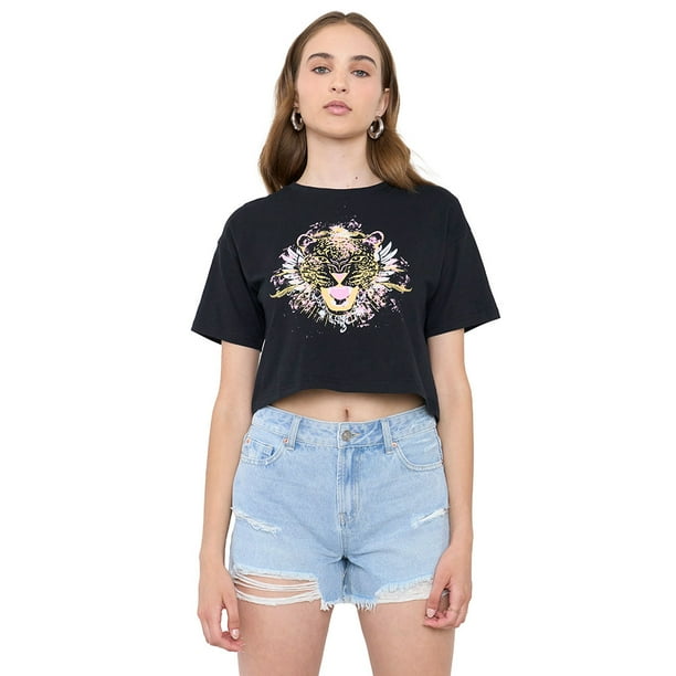 Polera Mujer Fun Manga Corta Crop Negro Corona