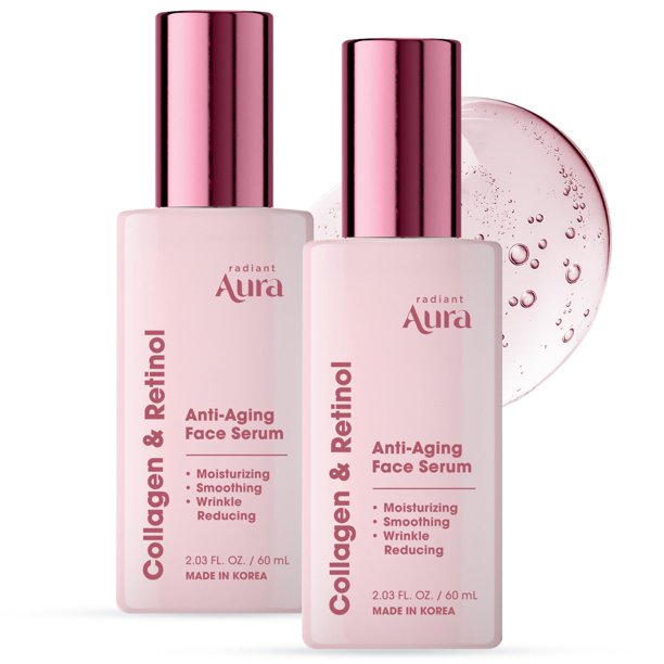 Suero Facial Radiant Aura con Colágeno y Retinol – Antienvejecimiento, Reafirmante, Hidratante, Absorción Rápida, Vegano, Belleza Limpia, Dermatológicamente Probado – Pack de 2