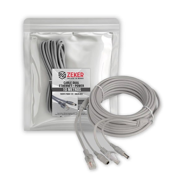 Cable Camara Seguridad Zeker Dual Extensor 10m Dc + Ethernet Gris