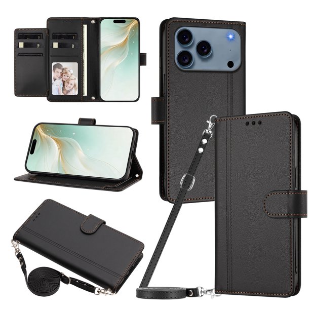 Funda Cartera de Cuero Sintético para iPhone 18 Pro, Negro