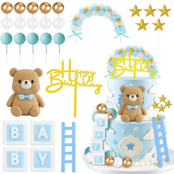 Set de 28 piezas para decoración de pastel con oso azul para baby shower